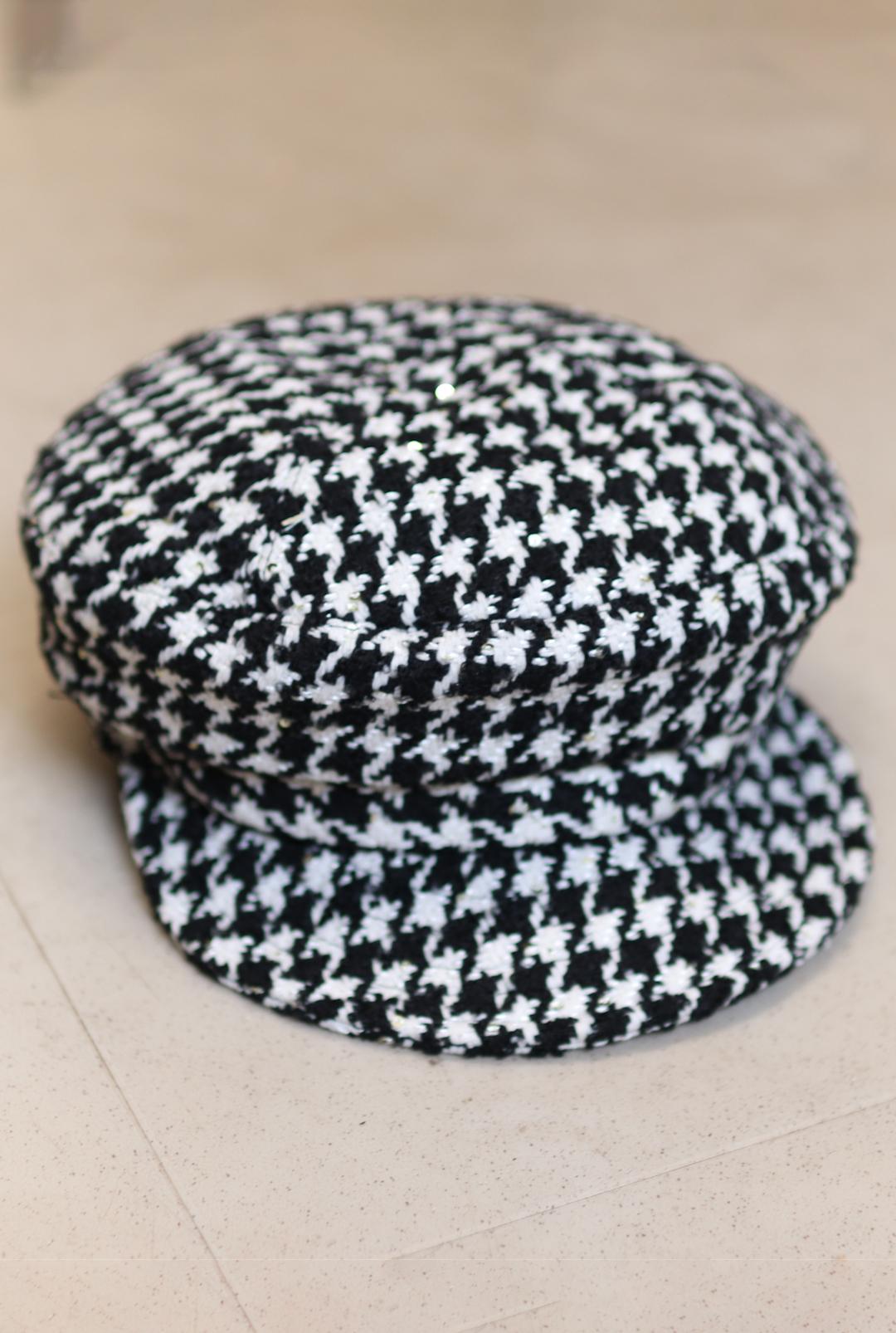 Black white houndtooth bakerboy flat captains hat front side