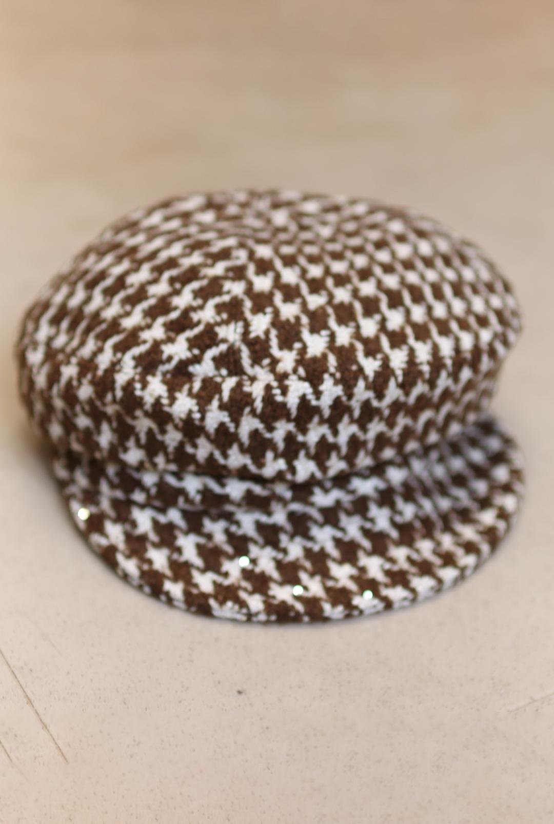 Brown cream white houndtooth bakerboy flat captains hat front side