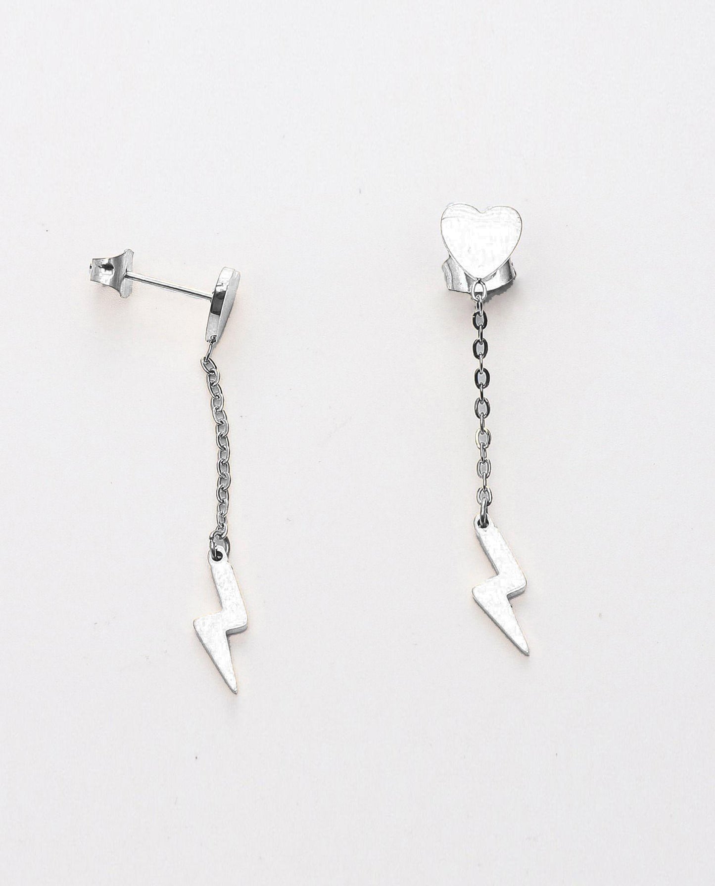 Heart Stud Lightning Bolt Chain Earrings Silver