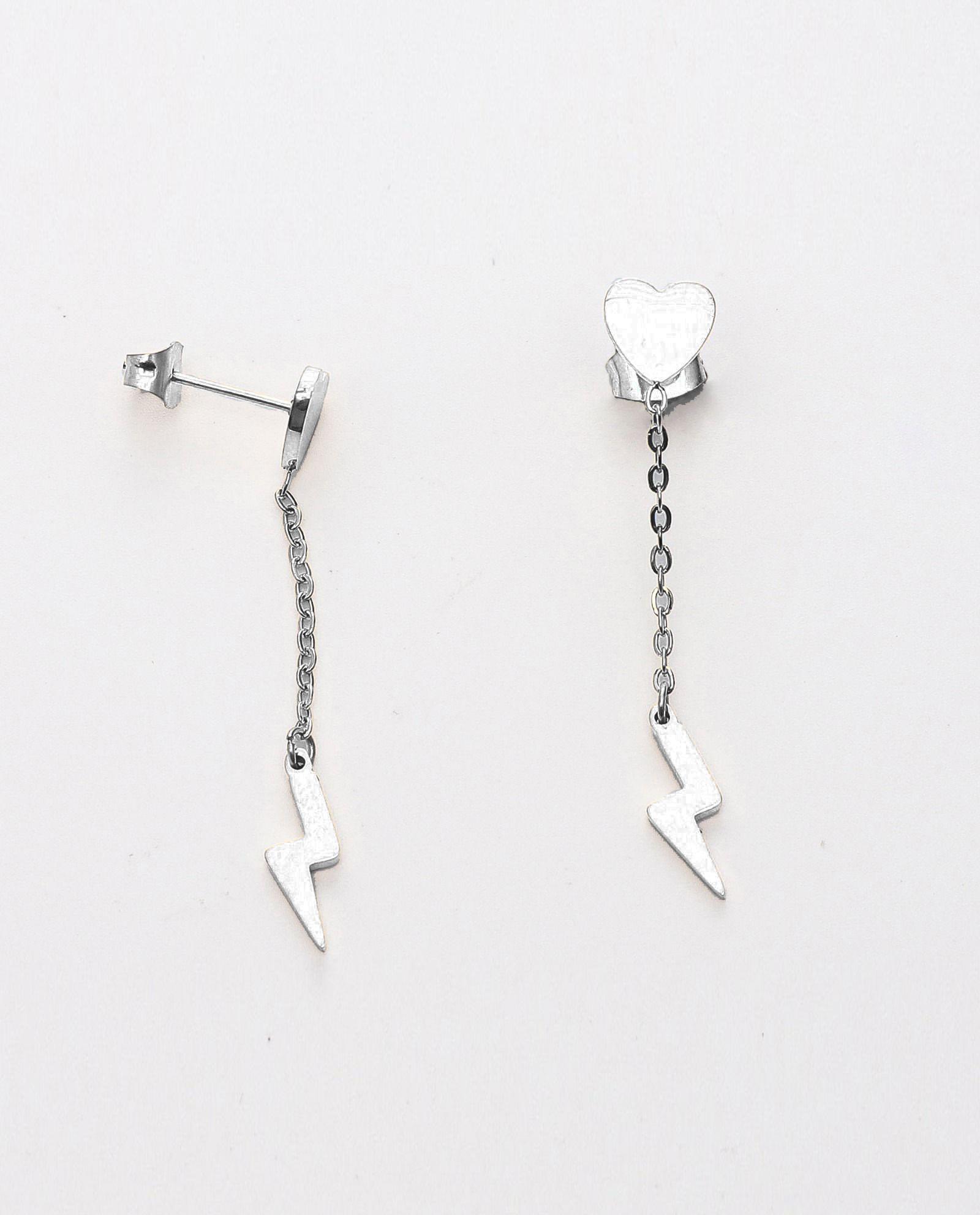 Heart Stud Lightning Bolt Chain Earrings Silver