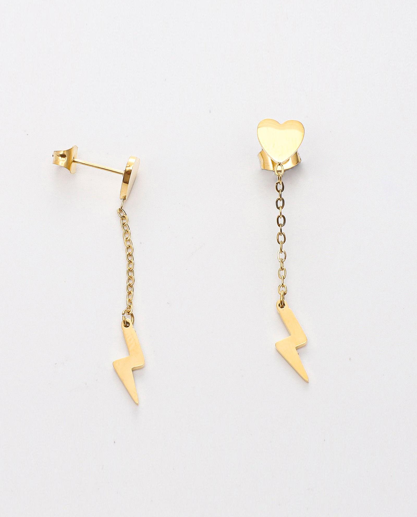 Heart Stud Lightning Bolt Chain Earrings