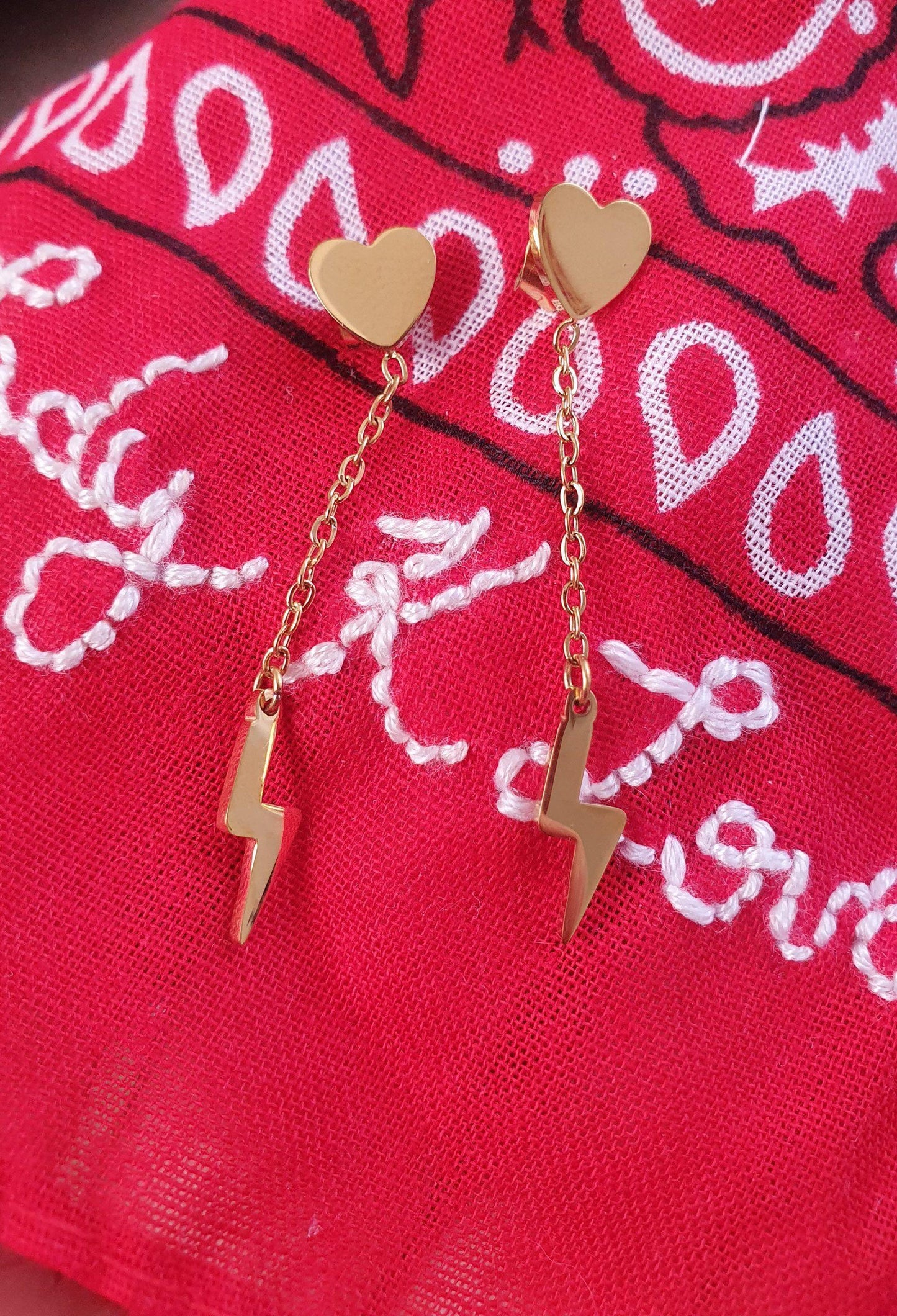 Heart chain lightning bolt earrings stud dangle dangly drop charm