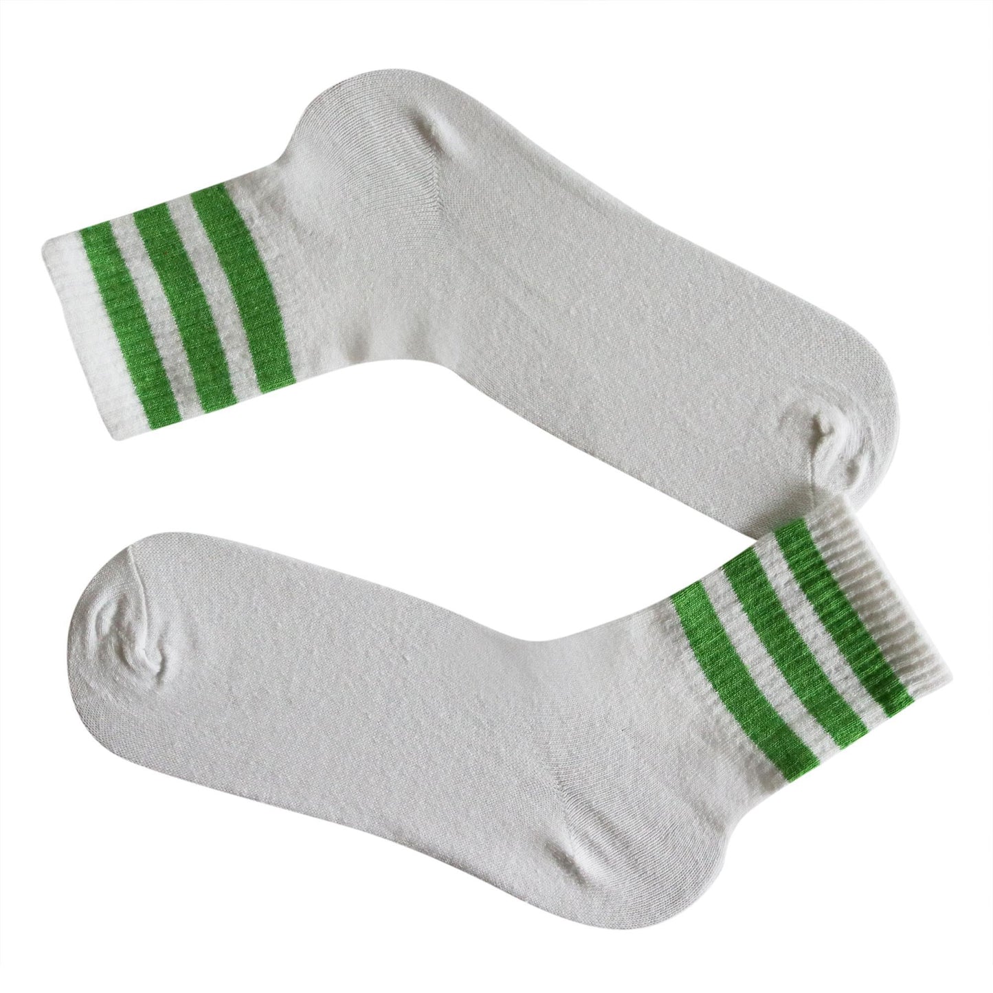 White 3 Stripe Crew Socks With Acid Green Stripes