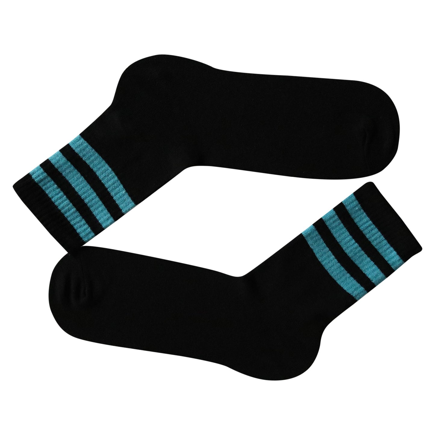 Black 3 Stripe Crew Socks With Light Blue Turquoise Stripes