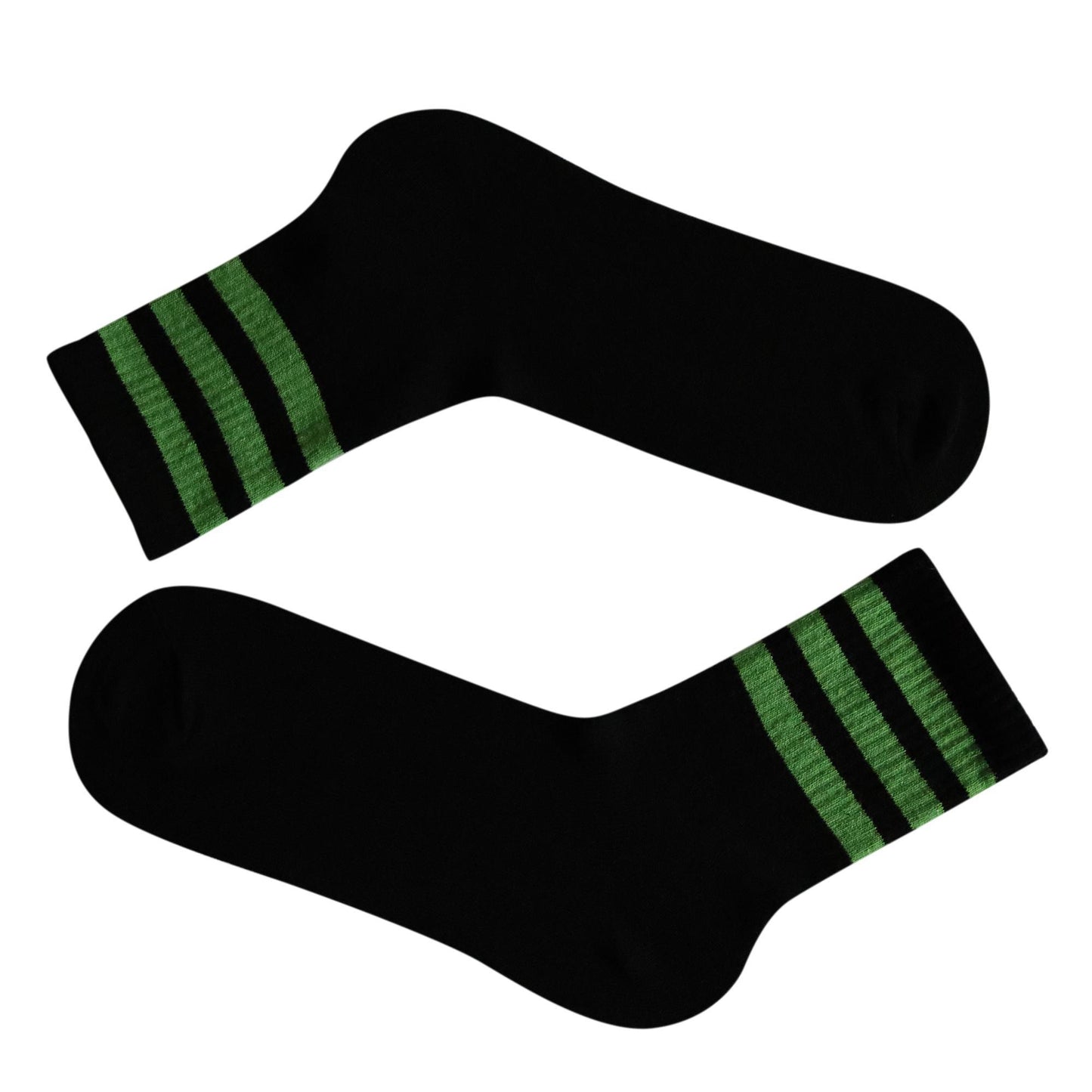 Black 3 Stripe Crew Socks With Acid Green Stripes