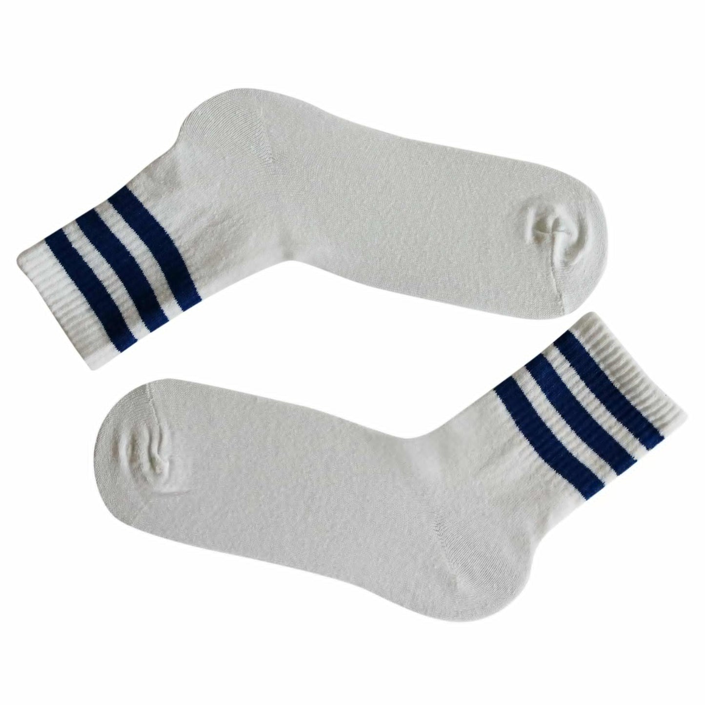 White 3 Stripe Crew Socks With Navy Blue Stripes