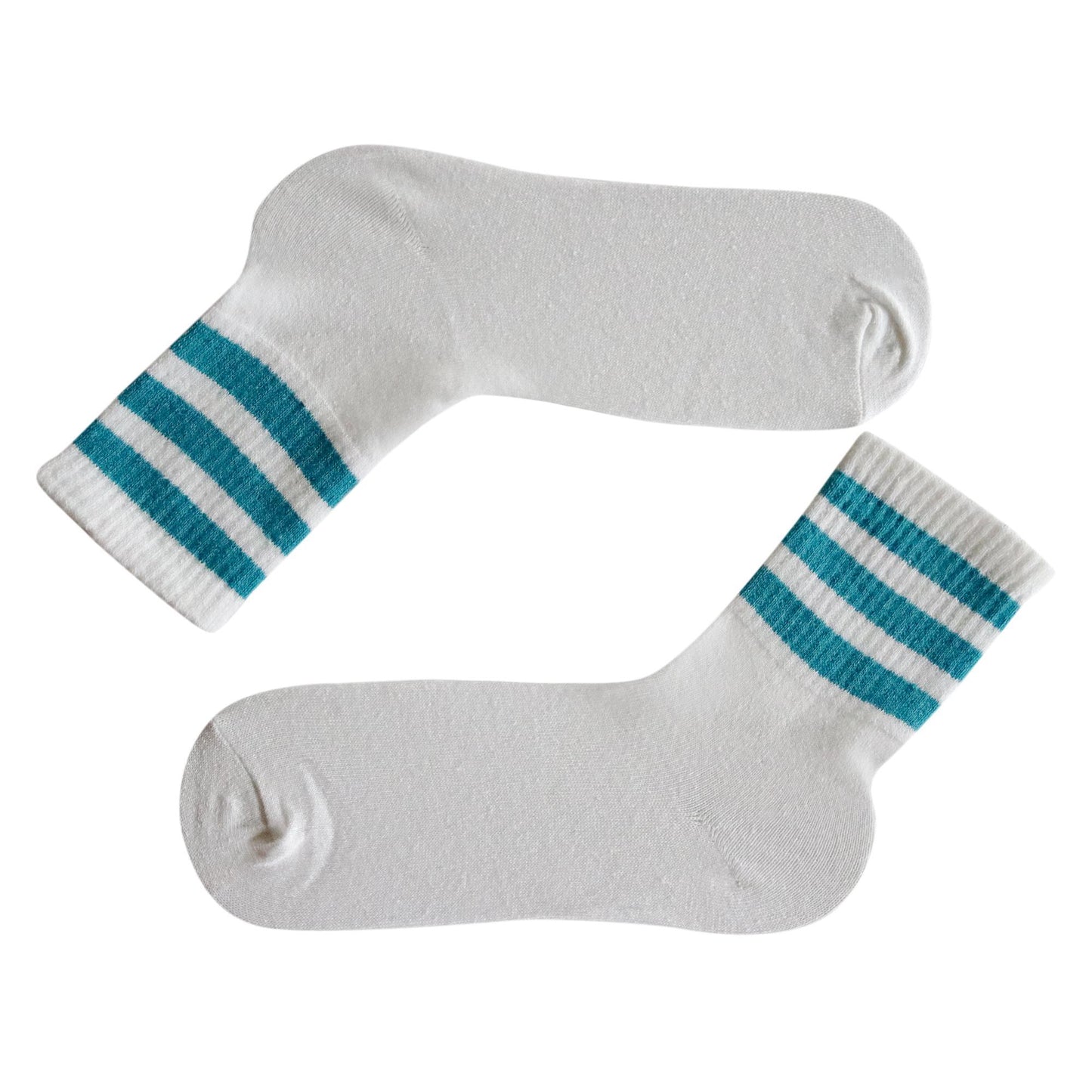 White 3 Stripe Crew Socks With Light Sky Blue Stripes