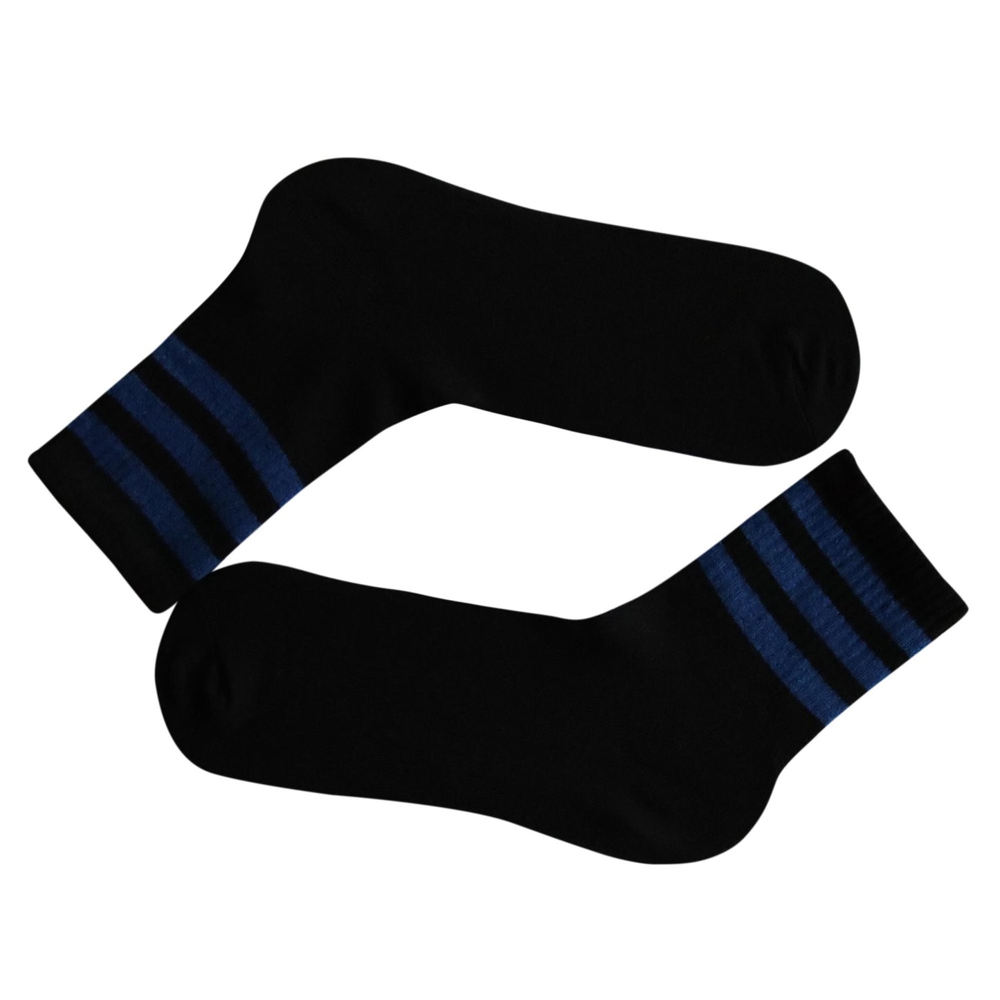 Black 3 Stripe Crew Socks With Blue Stripes